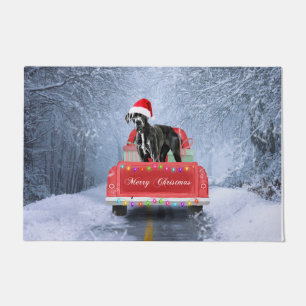 Great dane Dog in Snow sitting in Christmas Truck Doormat