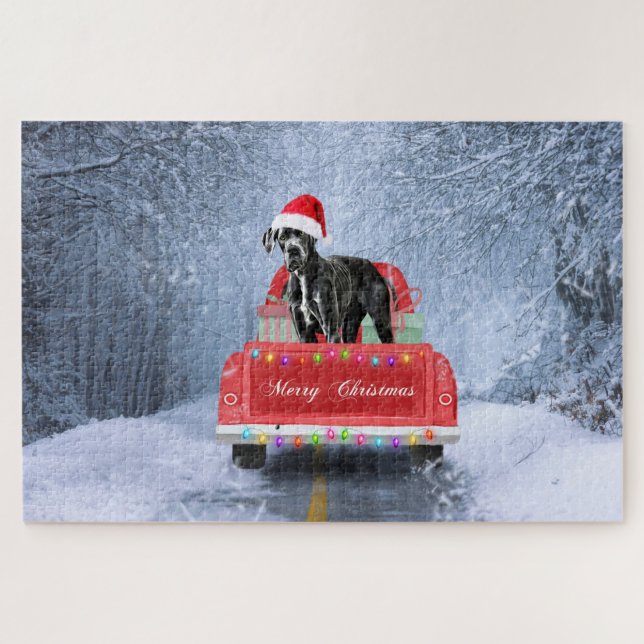 Great dane Dog in Snow sitting in Christmas Truck Jigsaw Puzzle (Horizontal)