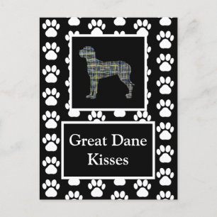 Great Dane Dog Kisses Silhouette Yellow&Blue Grid Postcard