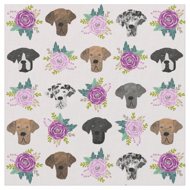 Great Dane dog lavender florals Fabric (Close Up)