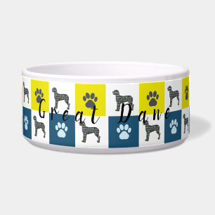 Great Dane Dog & Paw Print Yellow Grid Pet Bowl