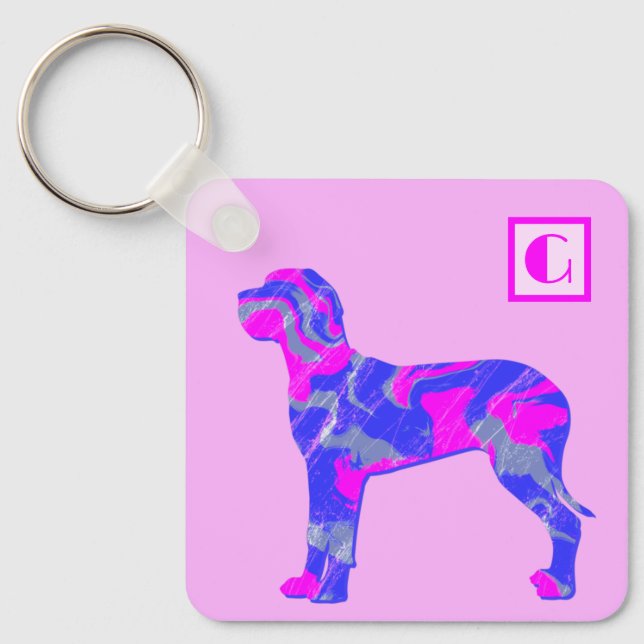 Great Dane Dog Pink & Blue Silhouette Monogram Key Ring (Front)