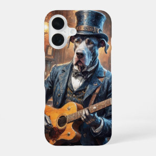 Great Dane dog playing rock guitar with top hat iPhone 16 Case