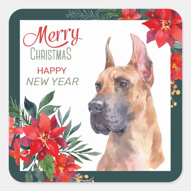 Great Dane Dog Poinsettia Border Christmas Square Sticker (Front)
