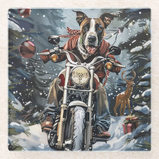 Great Dane Dog Riding Motorcycle Christmas Glass Coaster (Front)