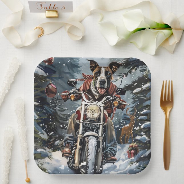 Great Dane Dog Riding Motorcycle Christmas Paper Plate (Wedding)