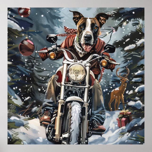 Great Dane Dog Riding Motorcycle Christmas Poster (Front)
