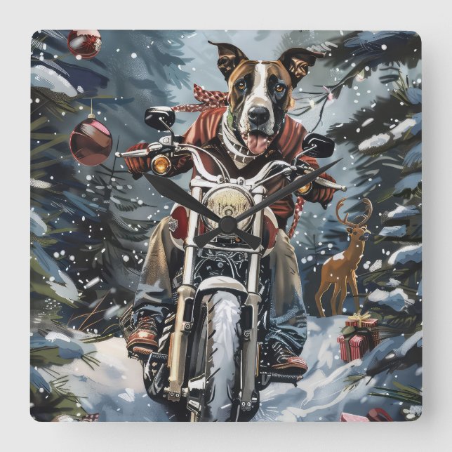 Great Dane Dog Riding Motorcycle Christmas Square Wall Clock (Front)