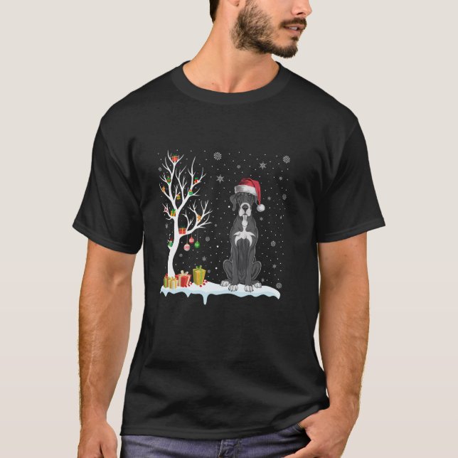 Great Dane Dog Santa Hat Festive Tree Light Christ T-Shirt (Front)