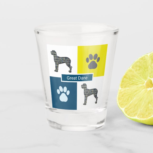 Great Dane Dog Silhouette & Paw Y&B Grid Shot Glass (Front)