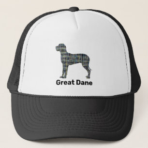 Great Dane Dog Silhouette Yellow & Blue Grids Trucker Hat