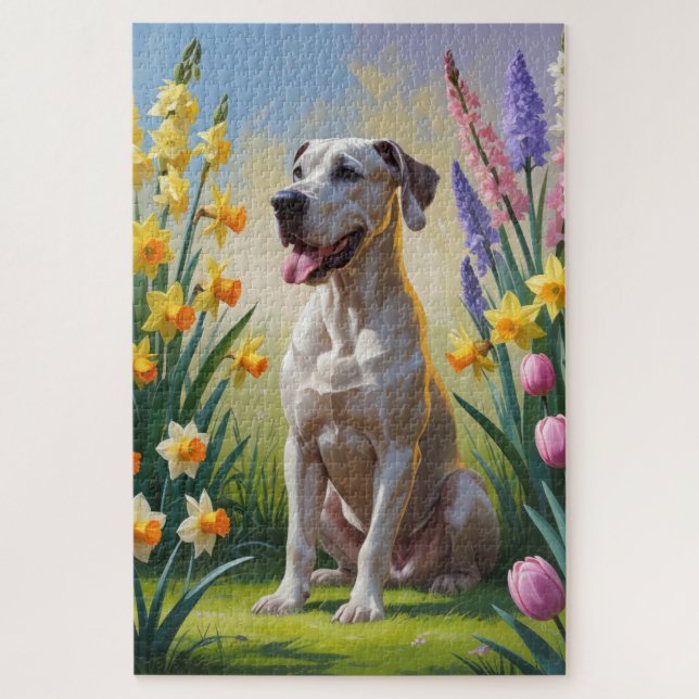 Great Dane Dog Spring Flowers Painting Jigsaw Puzzle (Vertical)