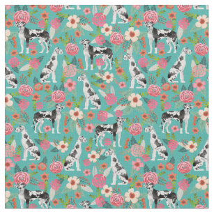 Great Dane dog vintage florals turquoise Fabric