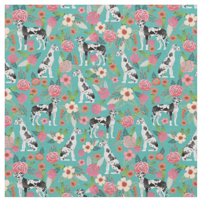 Great Dane dog vintage florals turquoise Fabric (Close Up)