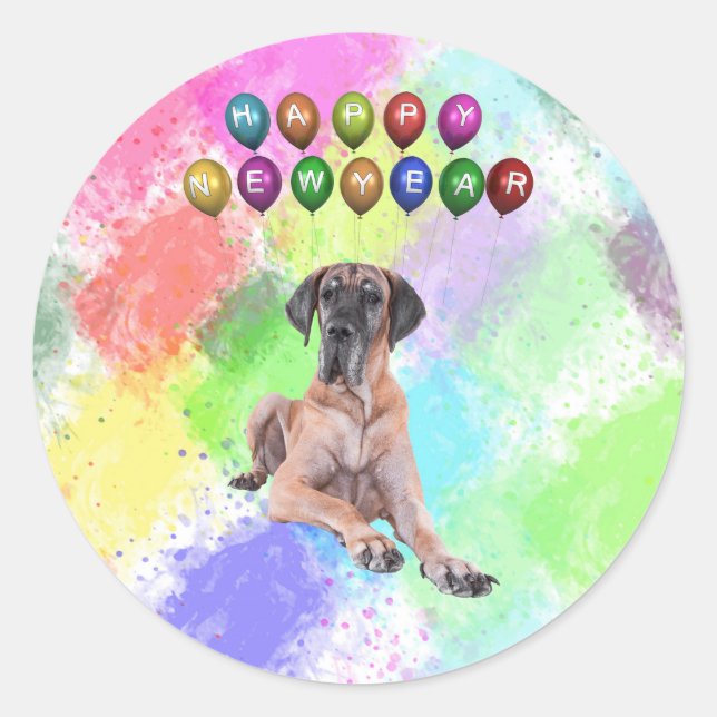 Great Dane Dog Wishing Happy New Year Classic Round Sticker (Front)