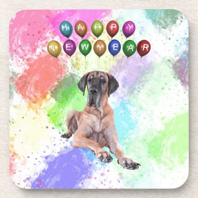Great Dane Dog Wishing Happy New Year Coaster (Front)
