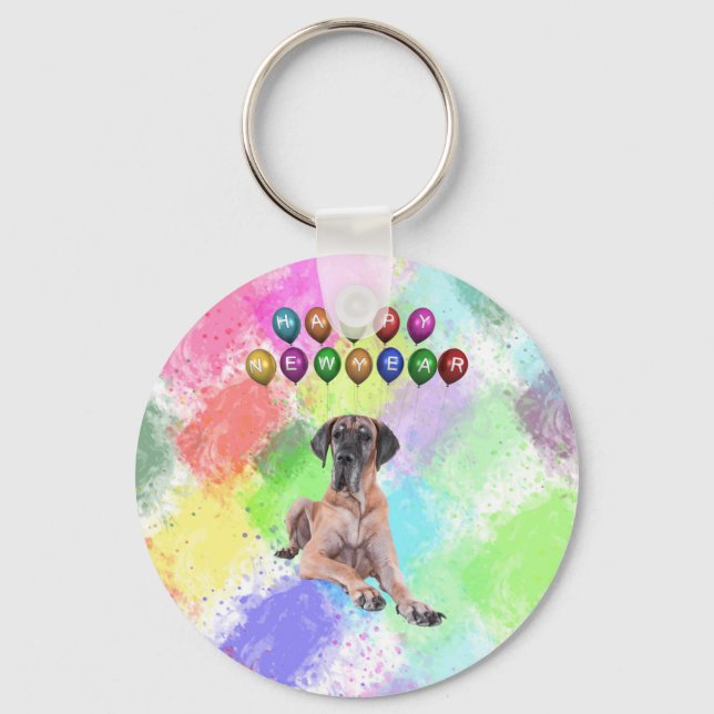 Great Dane Dog Wishing Happy New Year Key Ring (Front)