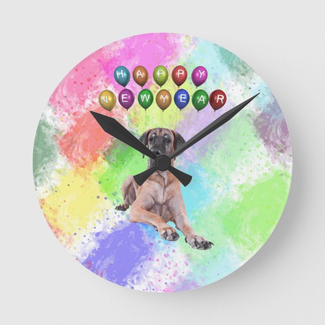 Great Dane Dog Wishing Happy New Year Round Clock (Front)