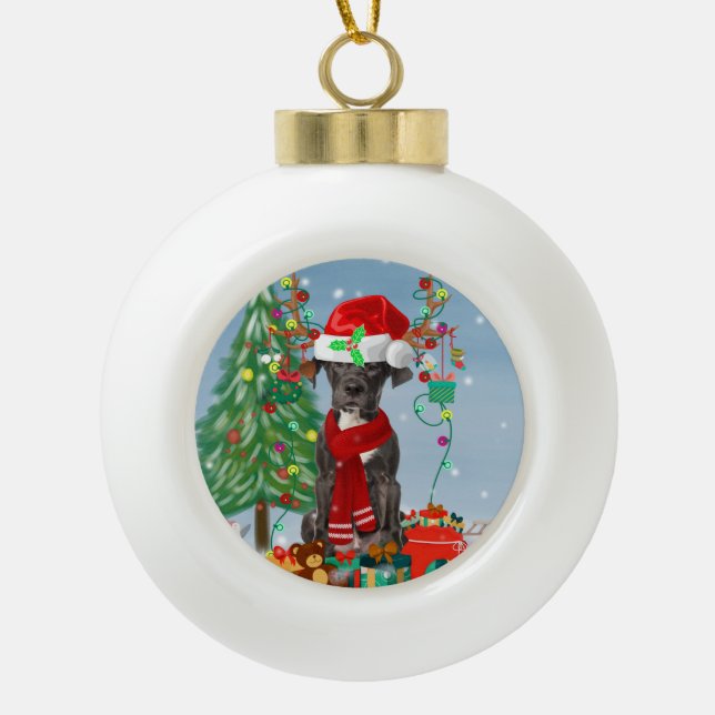 Great Dane dog with Christmas gifts   Ceramic Ball Christmas Ornament (Front)