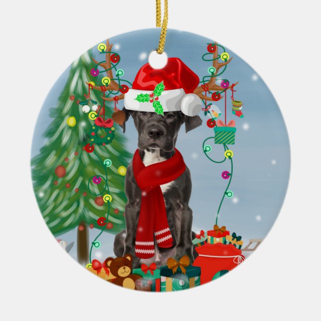 Great Dane dog with Christmas gifts   Ceramic Tree Decoration (Front)