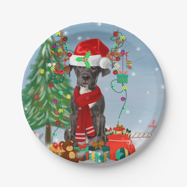 Great Dane dog with Christmas gifts   Paper Plate (Front)