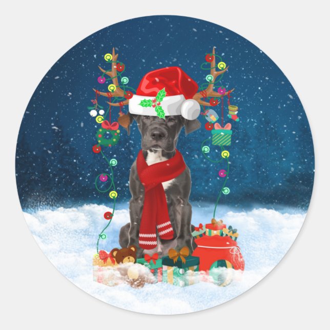 Great Dane dog with Christmas gifts Throw  Classic Round Sticker (Front)