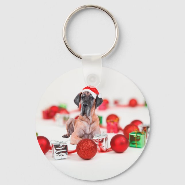 Great Dane Dog with Christmas Ornaments Gifts Key Ring (Front)