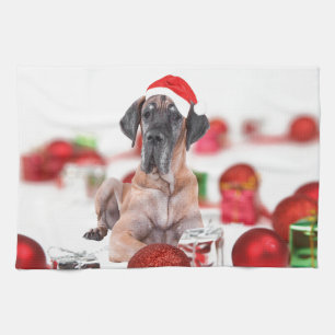 Great Dane Dog with Christmas Ornaments Gifts Tea Towel