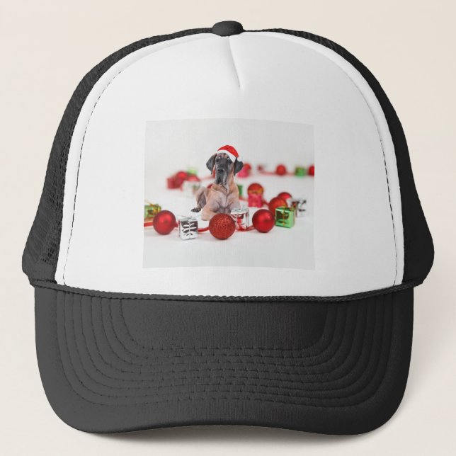 Great Dane Dog with Christmas Ornaments Gifts Trucker Hat (Front)