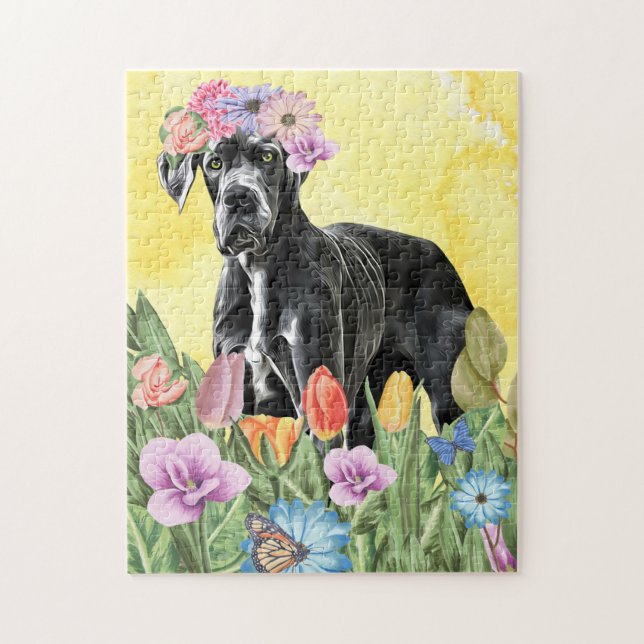 Great Dane Dog with Flowers Spring Jigsaw Puzzle (Vertical)