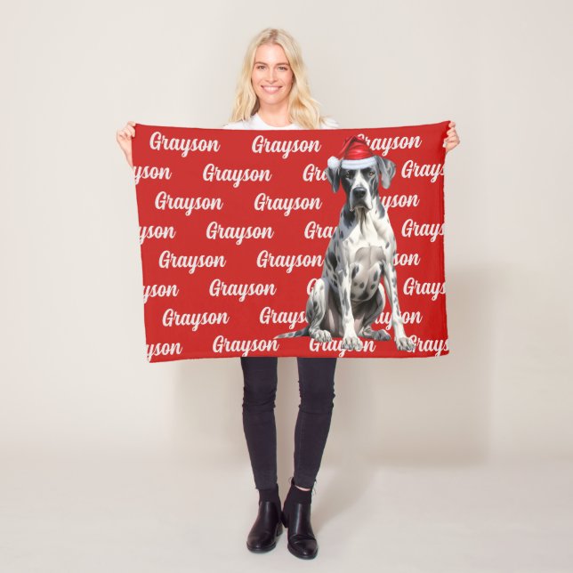 Great Dane Dog with Name Patterned Christmas Fleece Blanket (In Situ)