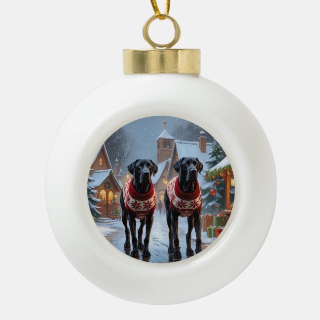 Great Dane Dogs Christmas Snow Holiday Ceramic Ball Christmas Ornament (Front)