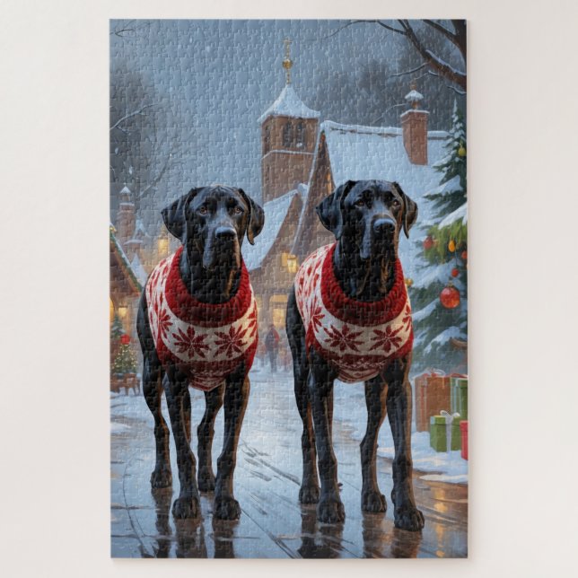 Great Dane Dogs Christmas Snow Holiday Jigsaw Puzzle (Vertical)