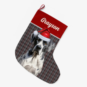 Great Dane Dog's Name Grey Red Plaid Personalised Large Christmas Stocking