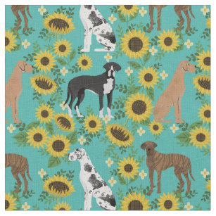 Great Dane dogs sunflowers turquoise Fabric