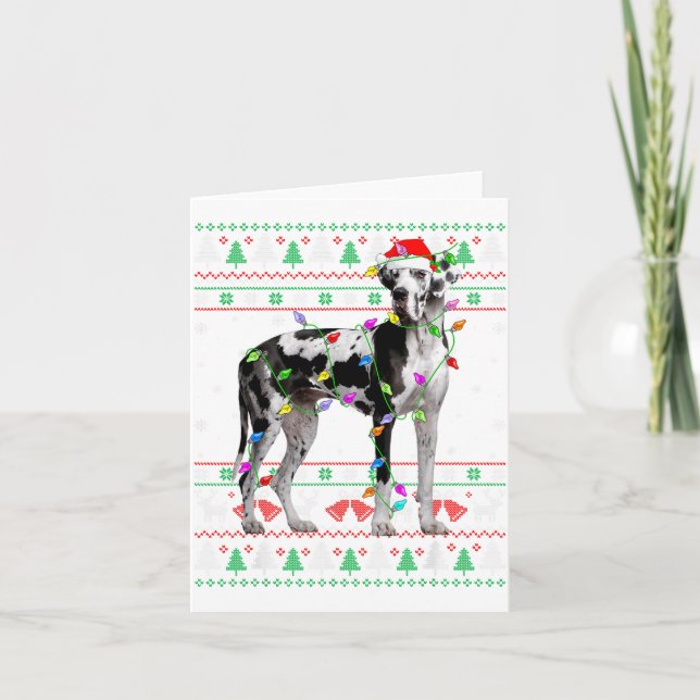 Great Dane Harlequin Dog Christmas Ugly Sweater Li Card (Front)