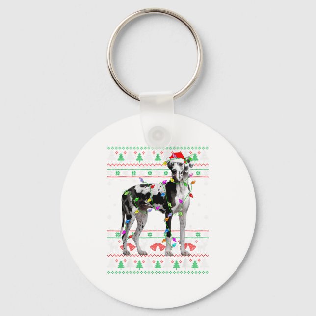 Great Dane Harlequin Dog Christmas Ugly Sweater Li Key Ring (Front)