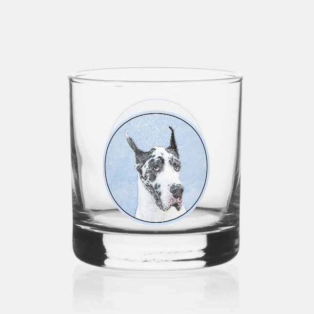 Great Dane (Harlequin) Painting - Original Dog Art Whiskey Glass (Front)
