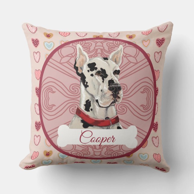 Great Dane Harlequin Personalized Valentine Pillow (Front)