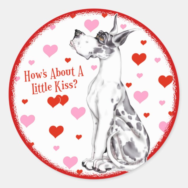 Great Dane Harlequin Valentine's Day Kiss Classic Round Sticker (Front)
