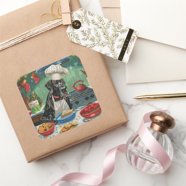 Great Dane Holiday Baking: Festive Christmas Square Sticker (Gifting)