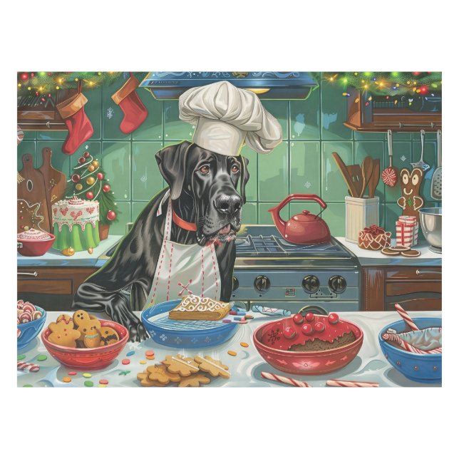 Great Dane Holiday Baking: Festive Christmas Tablecloth (Front (Horizontal))
