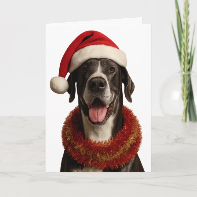 Great Dane in a Santa hat Christmas card (Front)