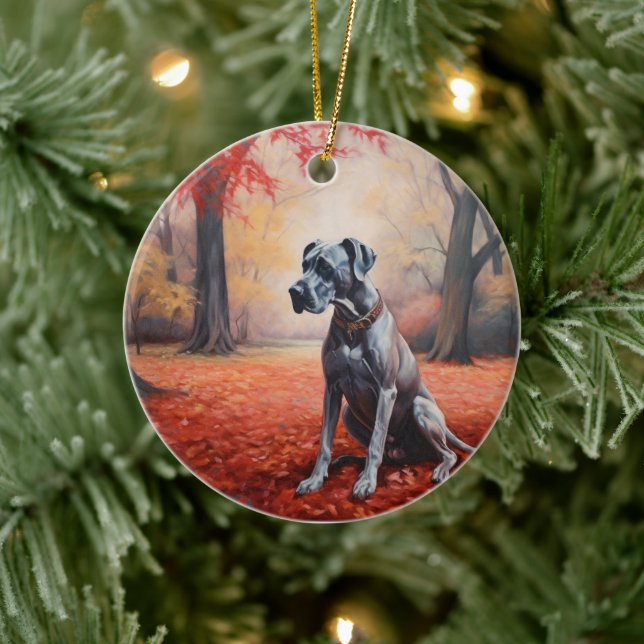 Great Dane in Autumn Leaves Fall Inspire  Ceramic Tree Decoration (Tree)
