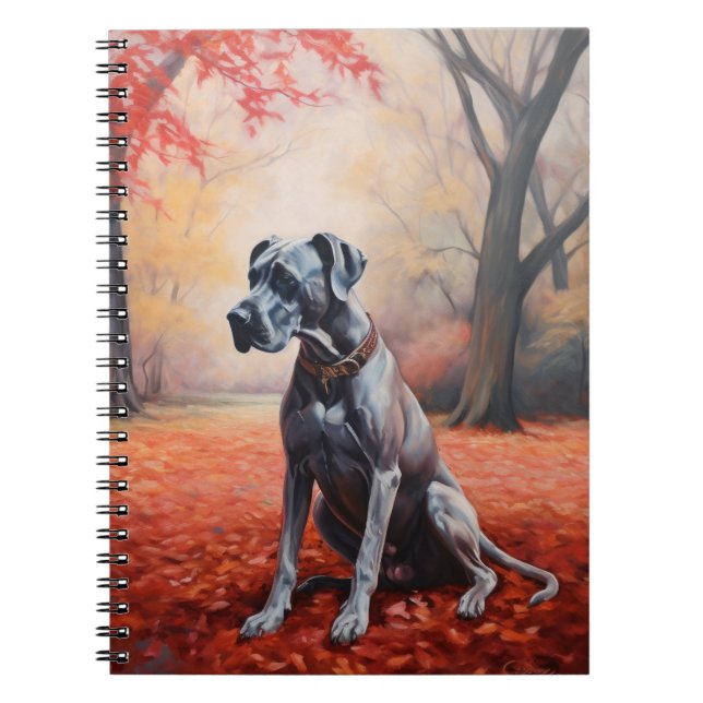 Great Dane in Autumn Leaves Fall Inspire  Notebook (Front)