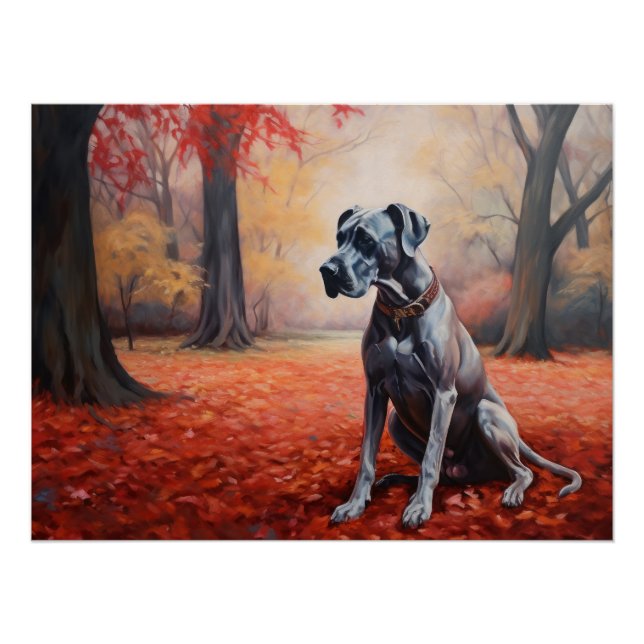 Great Dane in Autumn Leaves Fall Inspire  Poster (Front)