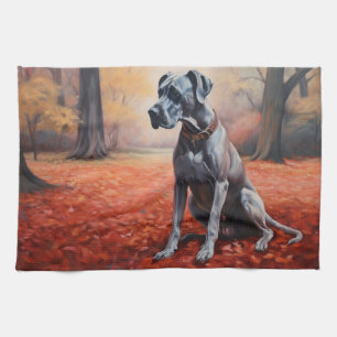 Great Dane in Autumn Leaves Fall Inspire Tea Towel
