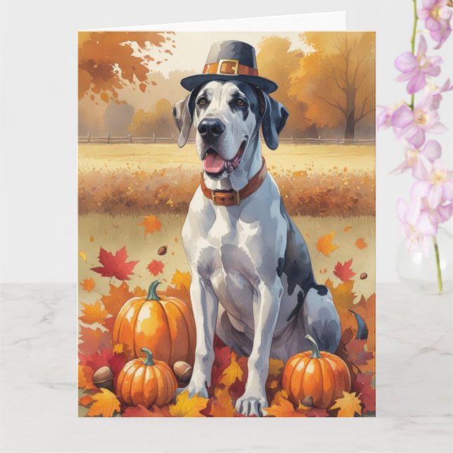 Great Dane In Autumn Leaves Thanksgiving Art Card (Orchid)