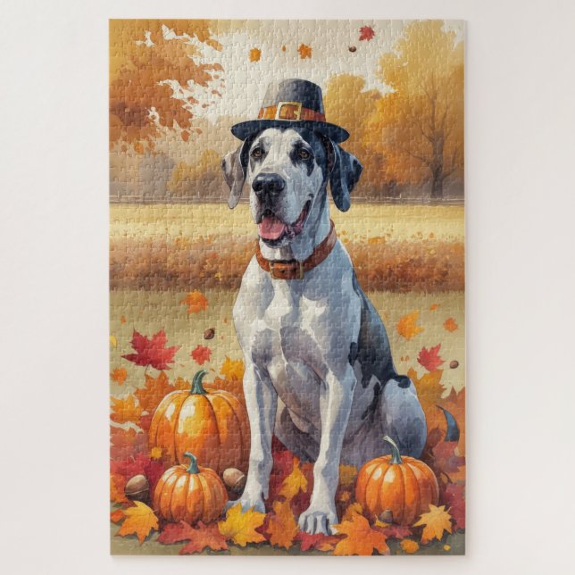 Great Dane In Autumn Leaves Thanksgiving Art Jigsaw Puzzle (Vertical)