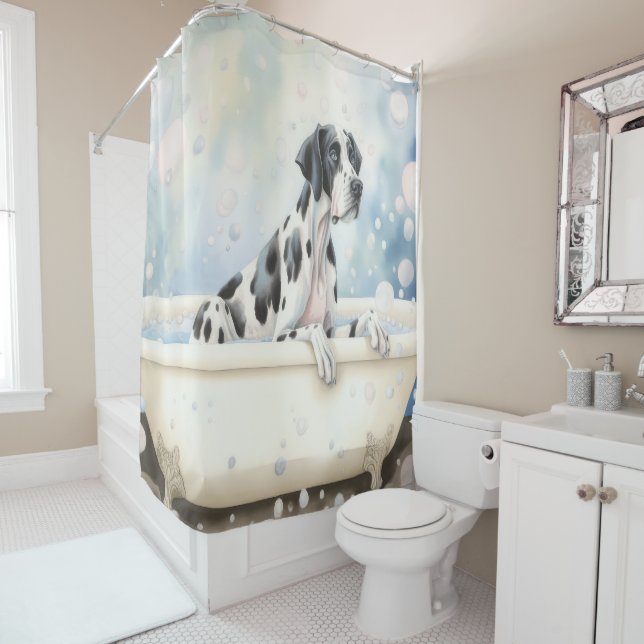 Great Dane In Bathtub Watercolor Dog Art Shower Curtain (In Situ)